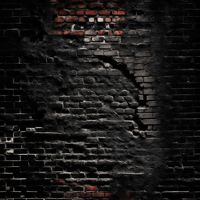 An abstract, dark depiction of a vintage brick wall background that is broken, cracked, torn, and features visible holes