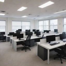 A simple anime-style office space, filled with desks, chairs, and computers, including distinctive features like a meeting room and individual workstations illuminated by natural daylight.