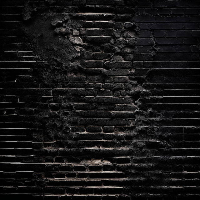 An abstract, dark depiction of a vintage brick wall background that is crumbling, broken, and cracked with visible holes