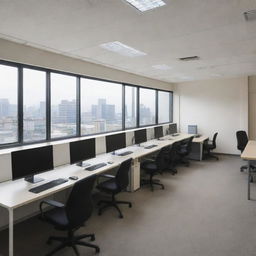 A simple anime-style office space, filled with desks, chairs, and computers, including distinctive features like a meeting room and individual workstations illuminated by natural daylight.