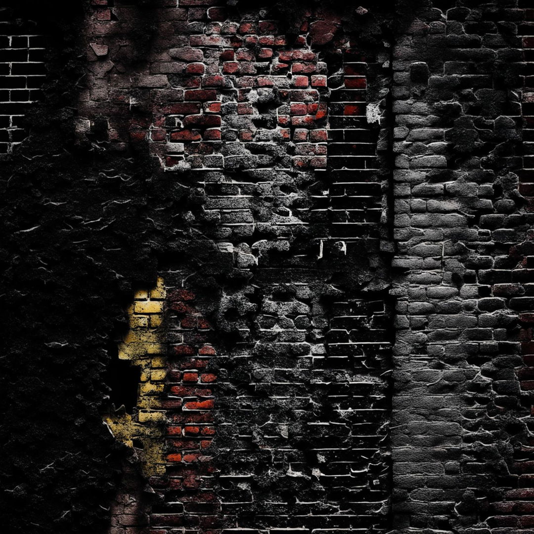 An abstract, dark depiction of a vintage brick wall that is crumbling, broken, and cracked with visible holes