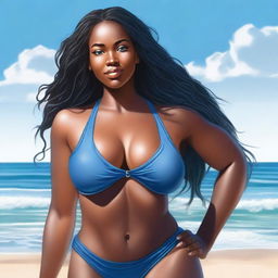 A high quality image of a black woman with long hair, blue eyes, and thick skin