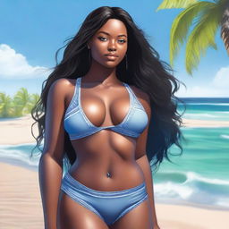 A high quality image of a black woman with long hair, blue eyes, and thick skin