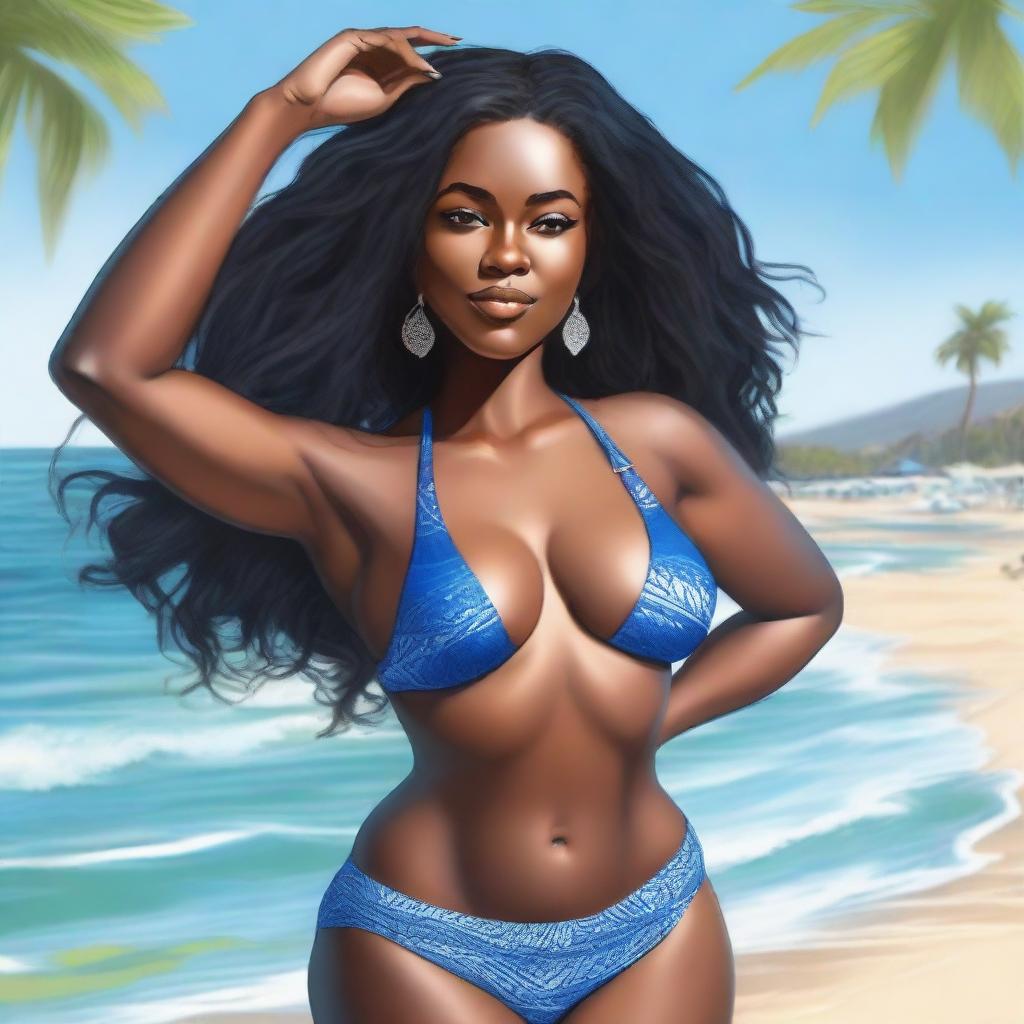 A high quality image of a black woman with long hair, blue eyes, and thick skin