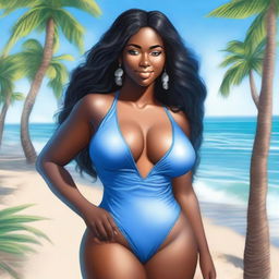 A high quality image of a black woman with long hair, blue eyes, and thick skin