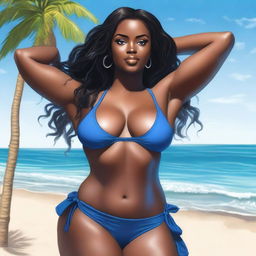 A high quality image of a black woman with long hair, blue eyes, and thick skin