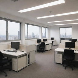 A simple anime-style office space, filled with desks, chairs, and computers, including distinctive features like a meeting room and individual workstations illuminated by natural daylight.