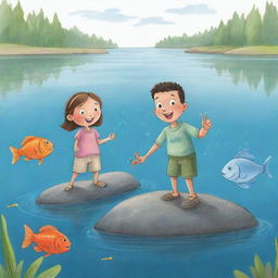 A captivating and easy-to-draw cartoon illustration for a children's book showing Freddie the fish teaching Finn and Fiona about respecting nature and maintaining lake cleanliness, creating mindful fishermen and passionate ocean caretakers.