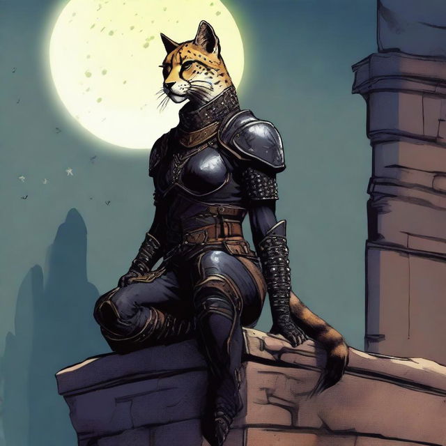 A Tabaxi female cheetah rogue wearing dark black studded leather strapped armor perched atop a wall