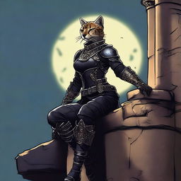 A Tabaxi female cheetah rogue wearing dark black studded leather strapped armor perched atop a wall