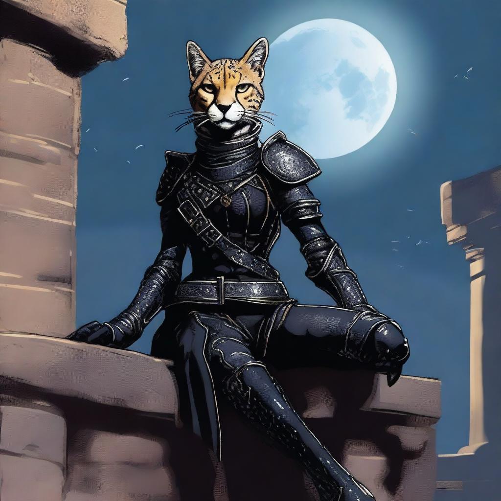 A Tabaxi female cheetah rogue wearing dark black studded leather strapped armor perched atop a wall