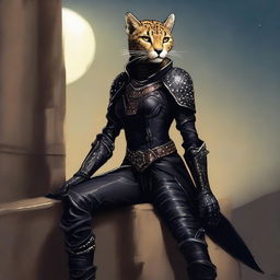 A Tabaxi female cheetah rogue wearing dark black studded leather strapped armor perched atop a wall