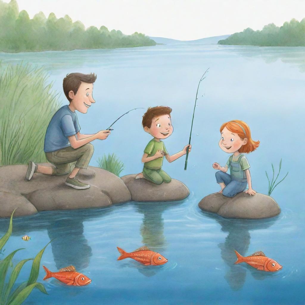 A captivating and easy-to-draw cartoon illustration for a children's book showing Freddie the fish teaching Finn and Fiona about respecting nature and maintaining lake cleanliness, creating mindful fishermen and passionate ocean caretakers.