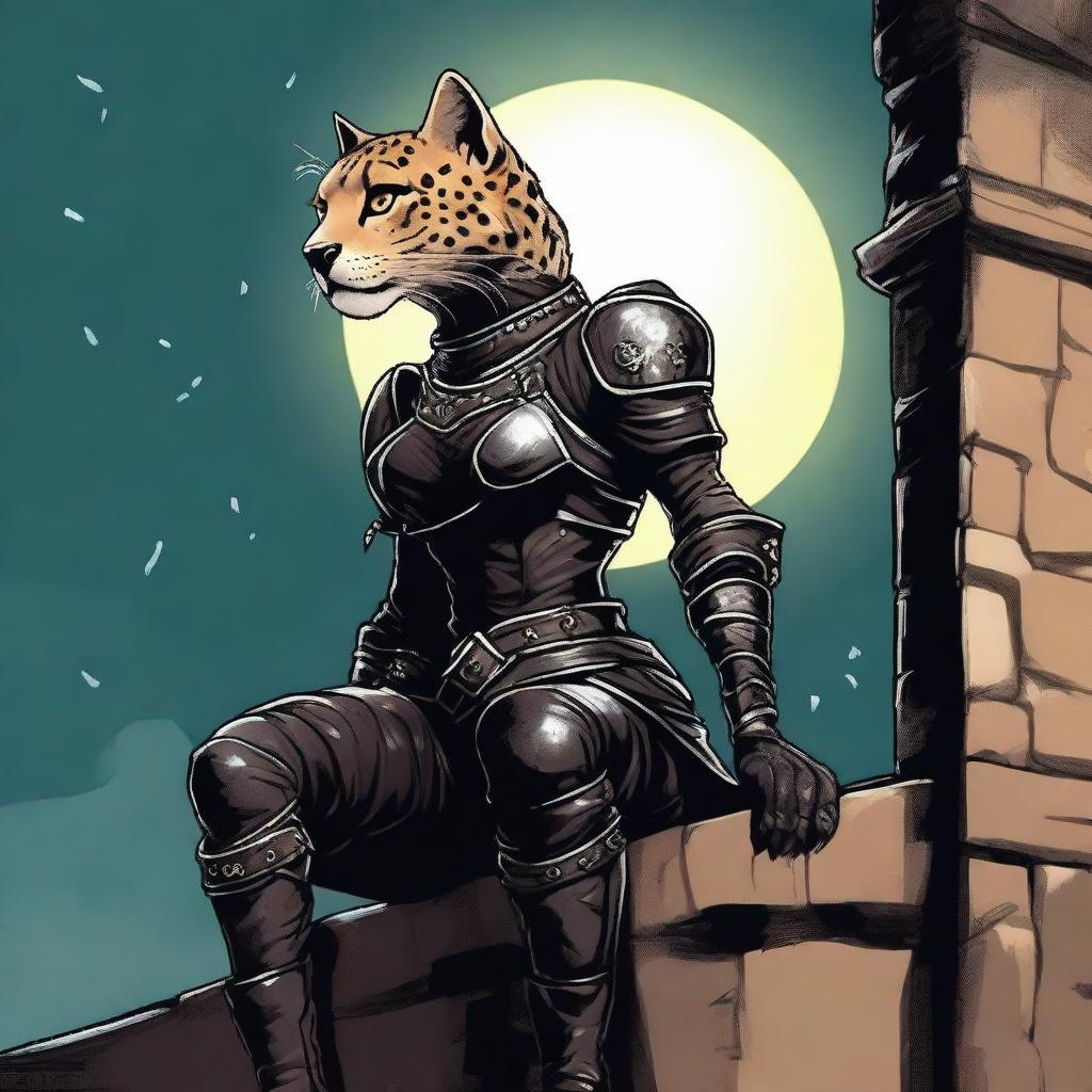 A Tabaxi female cheetah rogue wearing dark black studded leather strapped armor perched atop a wall