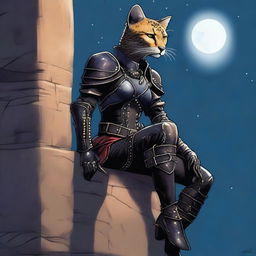 A Tabaxi female cheetah rogue wearing dark black studded leather strapped armor perched atop a wall