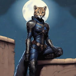 A Tabaxi female cheetah rogue wearing dark black studded leather strapped armor perched atop a wall