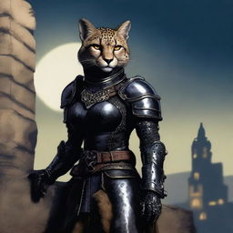 A Tabaxi female cheetah rogue wearing dark black studded leather strapped armor perched atop a wall