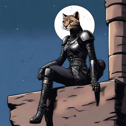 A Tabaxi female cheetah rogue wearing dark black studded leather strapped armor perched atop a wall