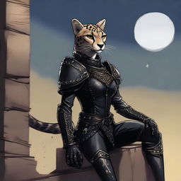 A Tabaxi female cheetah rogue wearing dark black studded leather strapped armor perched atop a wall