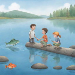 A captivating and easy-to-draw cartoon illustration for a children's book showing Freddie the fish teaching Finn and Fiona about respecting nature and maintaining lake cleanliness, creating mindful fishermen and passionate ocean caretakers.