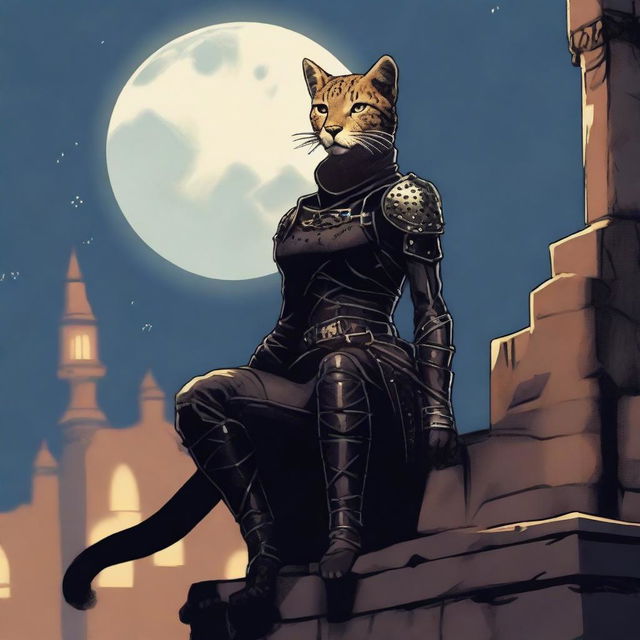 A Tabaxi female cheetah rogue wearing dark black studded leather strapped armor perched atop a wall