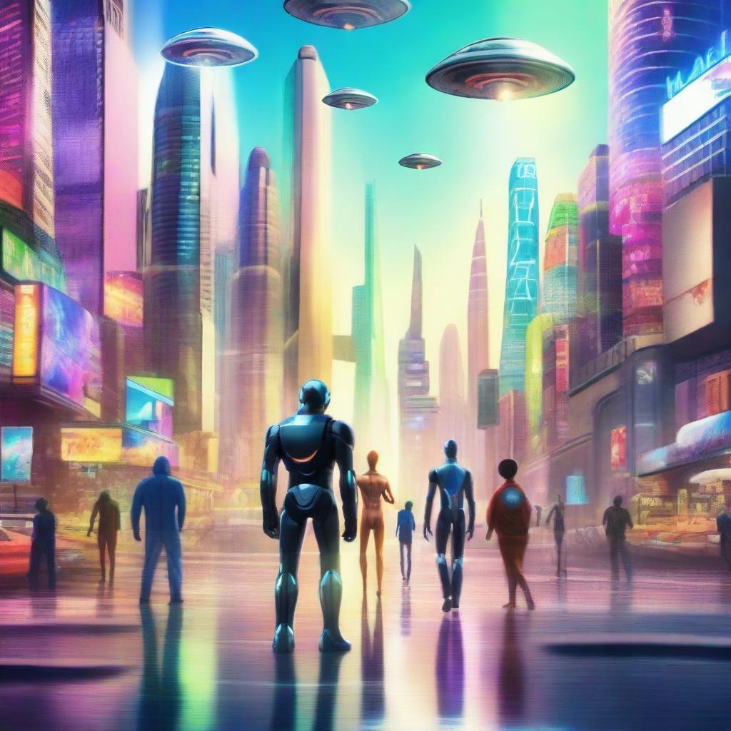 A movie poster depicting a futuristic world where humans, robots, and aliens of all diversities live in harmony