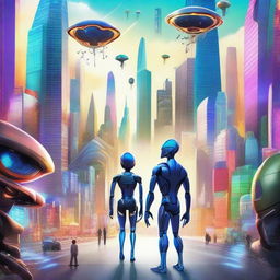 A movie poster depicting a futuristic world where humans, robots, and aliens of all diversities live in harmony