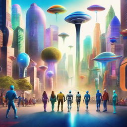 A movie poster depicting a futuristic world where humans, robots, and aliens of all diversities live in harmony