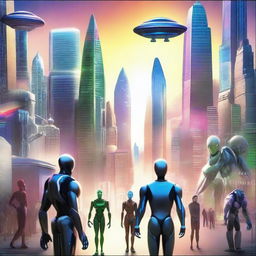 A movie poster depicting a futuristic world where humans, robots, and aliens of all diversities live in harmony