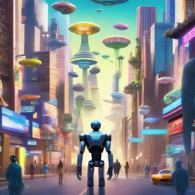 A movie poster depicting a futuristic world where humans, robots, and aliens of all diversities live in harmony