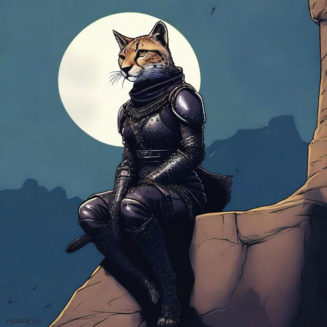 A Tabaxi female cheetah rogue wearing dark black studded leather strapped armor perched atop a wall