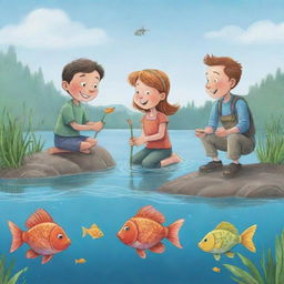 A captivating and easy-to-draw cartoon illustration for a children's book showing Freddie the fish teaching Finn and Fiona about respecting nature and maintaining lake cleanliness, creating mindful fishermen and passionate ocean caretakers.