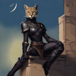 A Tabaxi female cheetah rogue wearing dark black studded leather strapped armor perched atop a wall