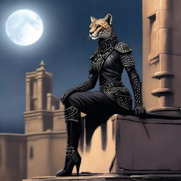 A Tabaxi female cheetah rogue wearing dark black studded leather strapped armor perched atop a wall