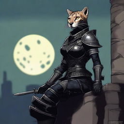 A Tabaxi female cheetah rogue wearing dark black studded leather strapped armor perched atop a wall