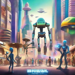 A movie poster depicting a futuristic world where humans, robots, and aliens of all diversities live in harmony after a successful decolonization movement