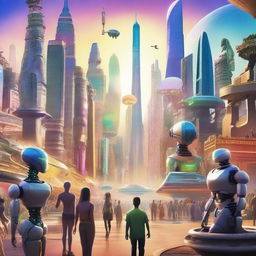 A movie poster depicting a futuristic world where humans, robots, and aliens of all diversities live in harmony after a successful decolonization movement