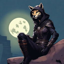 A Tabaxi female cheetah rogue wearing dark black studded leather strapped armor with a hood, perched atop a wall