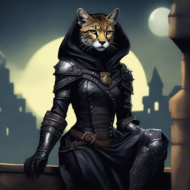 A Tabaxi female cheetah rogue wearing dark black studded leather strapped armor with a hood, perched atop a wall