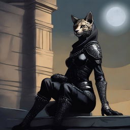 A Tabaxi female cheetah rogue wearing dark black studded leather strapped armor with a hood, perched atop a wall