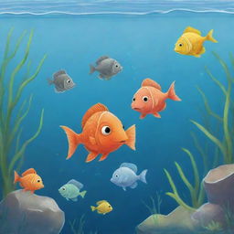 An engaging, simple to draw underwater cartoon scene for a children's book, where Freddie the fish imparts to Finn and Fiona the importance of nature preservation and maintaining the lake's cleanliness, inspiring them to become responsible marine stewards.