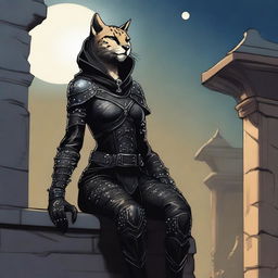 A Tabaxi female cheetah rogue wearing dark black studded leather strapped armor with a hood, perched atop a wall