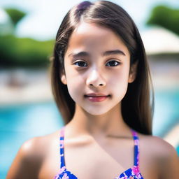 A close-up of a girl wearing a swimsuit