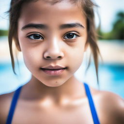 A close-up of a girl wearing a swimsuit