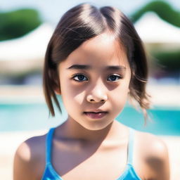 A close-up of a girl wearing a swimsuit