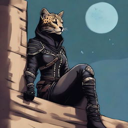 A Tabaxi female cheetah rogue wearing dark black studded leather strapped armor with a hood, perched atop a wall