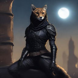 A Tabaxi female cheetah rogue wearing dark black studded leather strapped armor with a hood, perched atop a wall