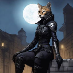 A Tabaxi female cheetah rogue wearing dark black studded leather strapped armor with a hood, perched atop a wall