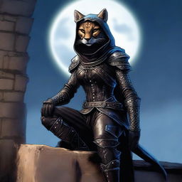 A Tabaxi female cheetah rogue wearing dark black studded leather strapped armor with a hood, perched atop a wall