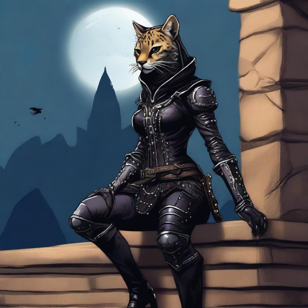 A Tabaxi female cheetah rogue wearing dark black studded leather strapped armor with a hood, perched atop a wall